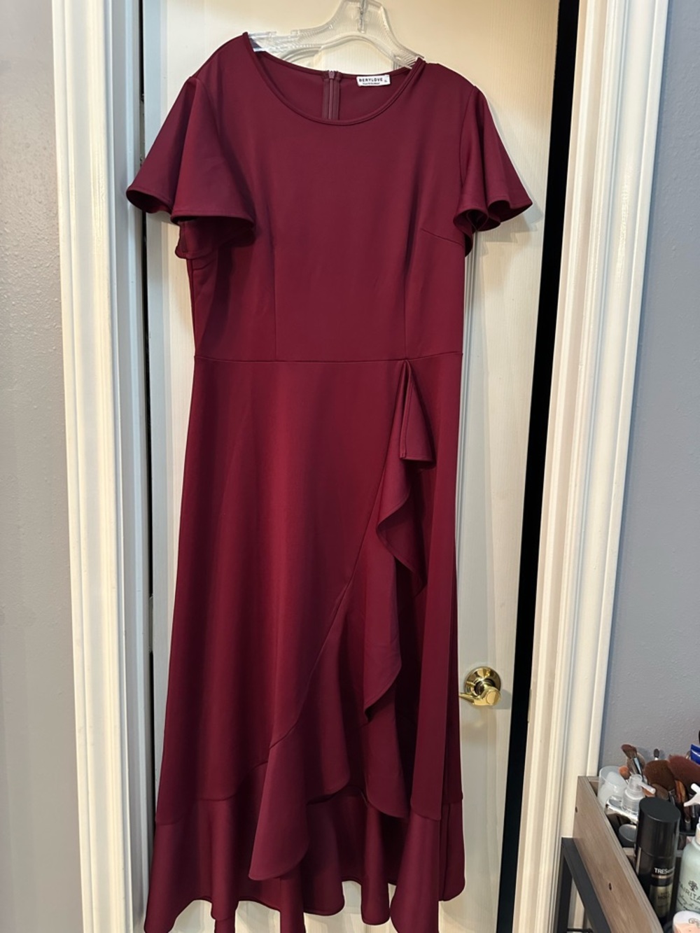 White House Black Market Burgundy Maxi Dress with Ruffle Detail
